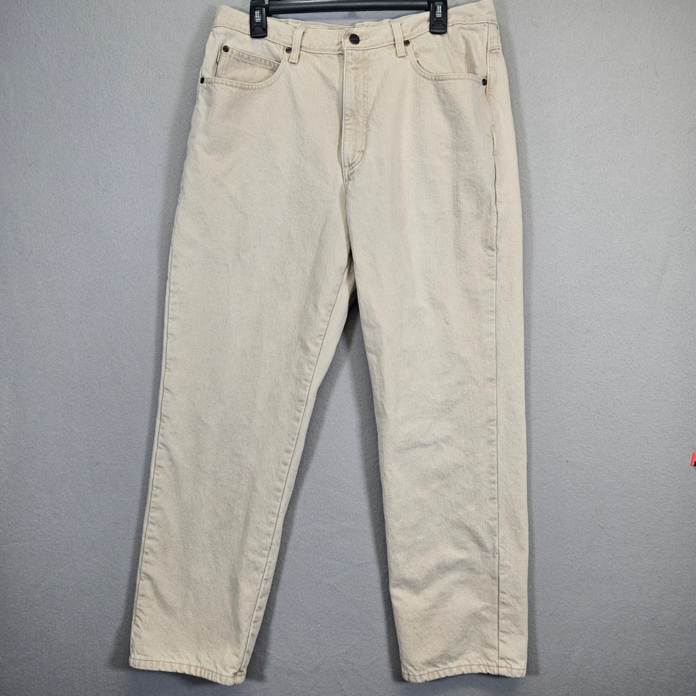 LL Bean Mens Classic Fit Flannel Lined Jeans 36x30 Beige Plaid Rugged Denim Pant